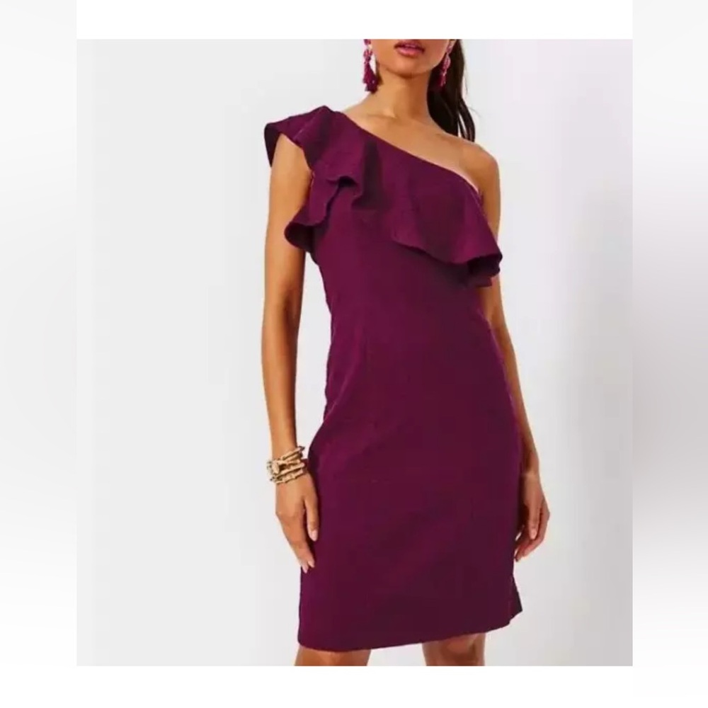 New Lilly Pulitzer Amarena plum purple one shoulder jacquard midi dress 14
